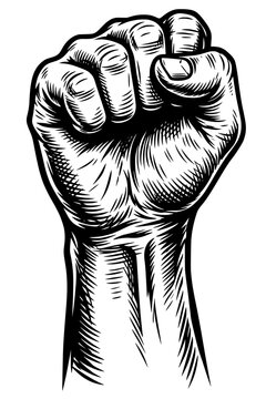 Powerful vector illustration of a raised clenched fist, featuring dramatic woodcut style linework, retro cross-hatching, and bold high-contrast details on a plain background.