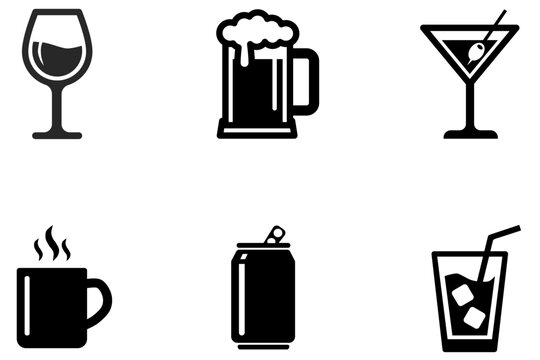 Vector icon set of various beverages, including wine, foaming beer mug, martini with an olive, hot coffee mug, open soda can, and an iced drink with a straw, featuring clean high-contrast lines on a p
