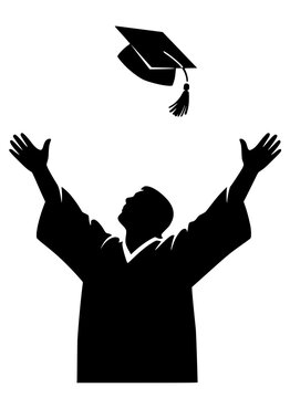 Joyful vector silhouette of a student throwing a graduation cap into the air, wearing an academic gown and raising arms in celebration with clean high-contrast lines