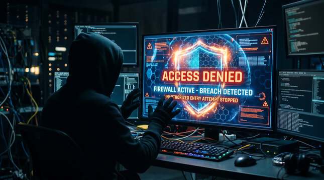 Hacker sitting in dark room trying to access secure server system showing access denied on monitor.