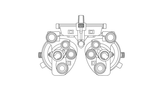 Detailed black and white line drawing of a phoropter used for professional vision testing and eye examinations in optometry.