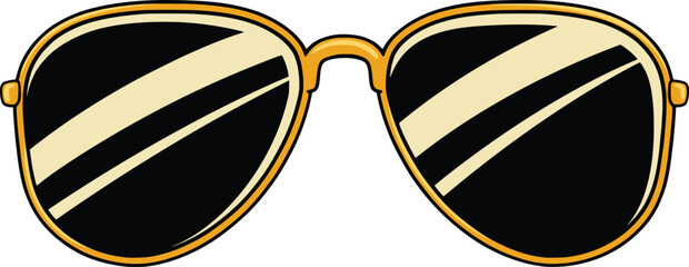 Hand-drawn aviator sunglasses with black lenses, gold frames and cream diagonal reflections, isolated on white for summer fashion, travel, accessories, style, and cool lifestyle themes © Galih