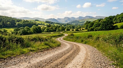 Fototapeta premium A winding gravel dirt road through a lush rural landscape of green fields.