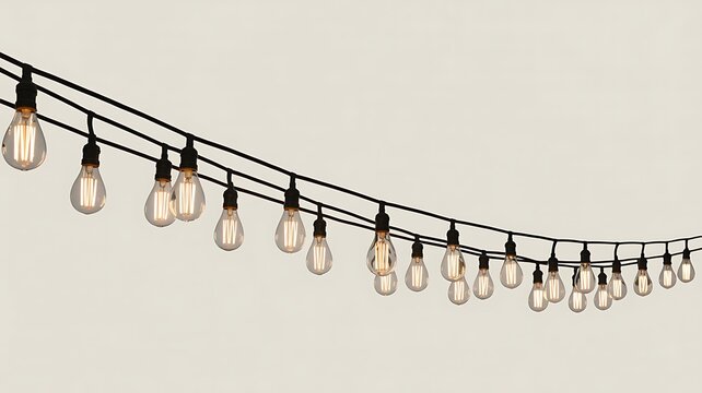 Outdoor String Lights: A strand of vintage-style Edison bulbs illuminates a hazy outdoor space, creating a warm and inviting atmosphere for evening gatherings.