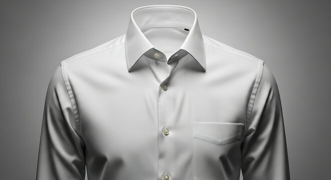 Mens dress shirt with collar and pocket displayed on a neutral gray shaded surface