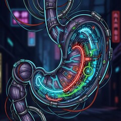 Fototapeta premium Abstract digital art with glowing neon circuit patterns.