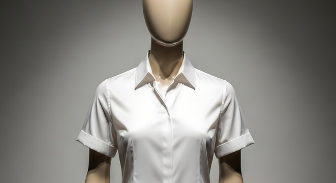 Mannequin wearing a short sleeved white collared shirt on a gradient gray
