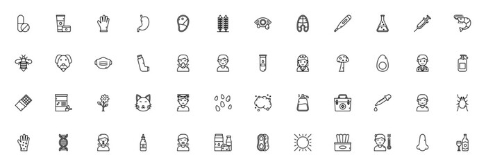 Allergies icon set. Allergy vector icon set. Minimalist icons pack. Includes symbols for pill, latex, stomach, wheat, eye, fish, bee, dog and more. Editable vector stroke. © wang