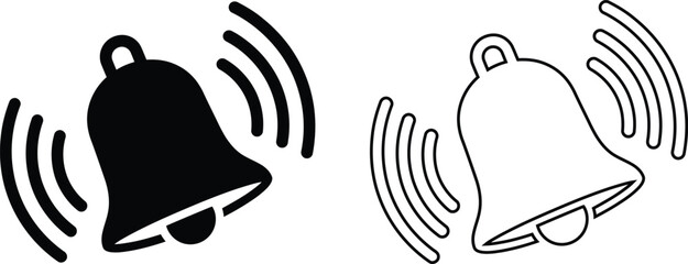 Vector illustration of a ringing notification bell icon featuring both solid black silhouette and line art outline styles for alarm and alert reminder signs. © Shah Hasanuzzaman