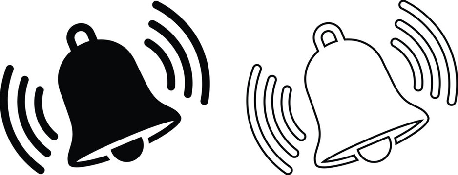 Vector illustration of a ringing notification bell icon featuring both solid black silhouette and line art outline styles for alarm and alert reminder signs.