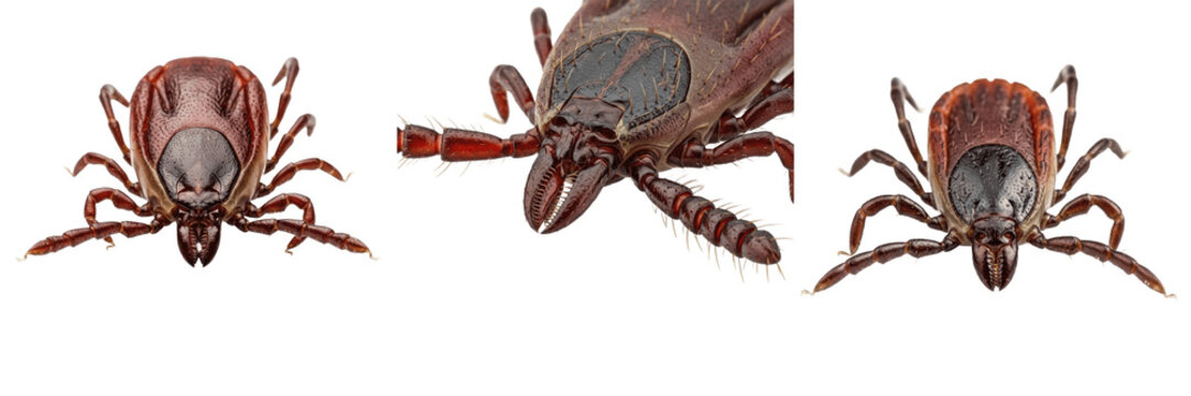 Tick with visible mouthparts, Ixodes ricinus, capitulum close-up view, Ixodidae family, hypostome teeth and chelicerae sheaths detail, piercing organ structure, veterinary entomology analysis plate