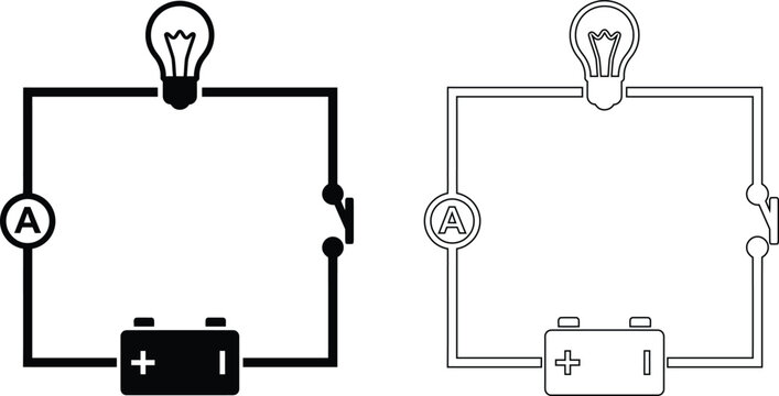Vector icon set of a basic electrical circuit diagram with a battery, light bulb, ammeter, and switch in solid black silhouette and line outline styles isolated on a white background.