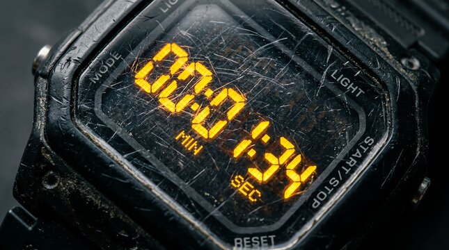 Close-up of a digital stopwatch showing elapsed time of two minutes and thirty-four seconds.