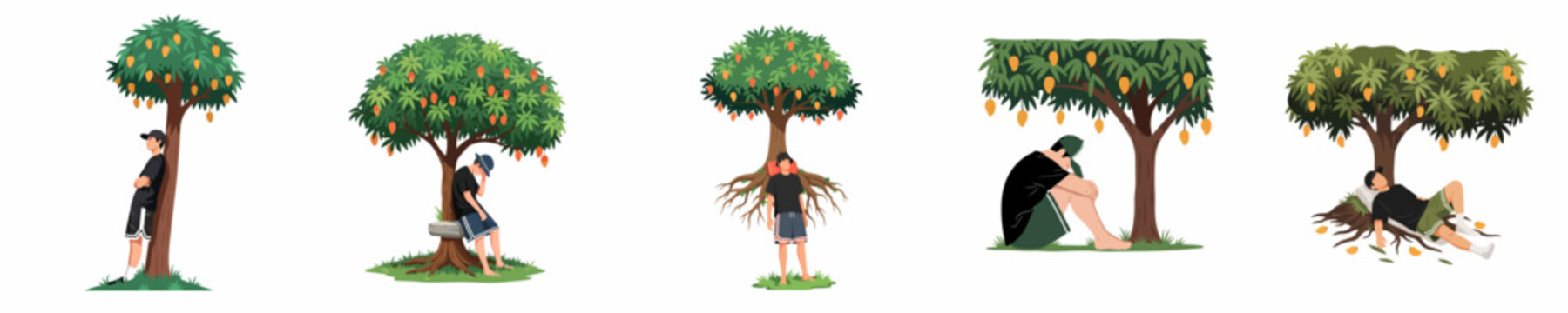 Set of vector illustrations featuring a young man in various reflective and resting poses under a fruitful mango tree on white background.
