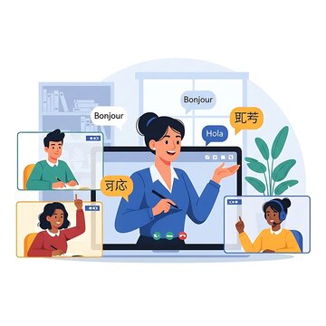 Multicultural children learning languages with technology.