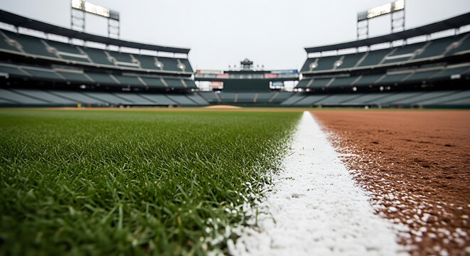 Low angle view of an empty baseball stadium field with green grass and brown dirt infield separated by a white foul line under an overcast sky