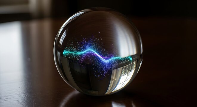 Glass sphere with glowing blue light.