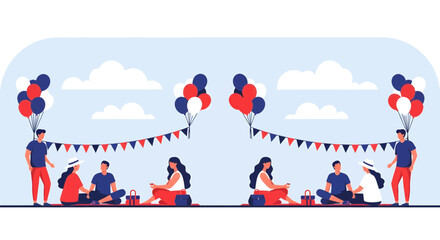 Fototapeta premium People Enjoying Outdoor Picnic Celebration with Balloons and Bunting.