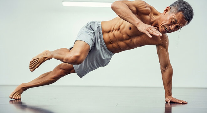 Intense workout of a senior Asian athlete performing core bodyweight exercises with visible sweat and determination in a minimalist gym studio.