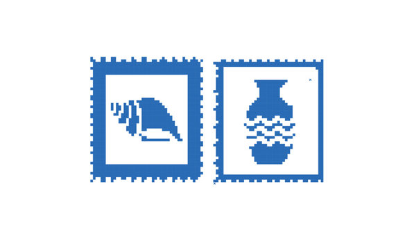 Blue Cross Stitch Shell and Pottery Vase Vector Illustration Set.