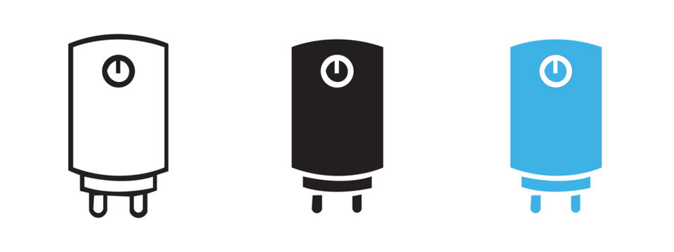 Water heater icons in outline silhouette color variations with hot water