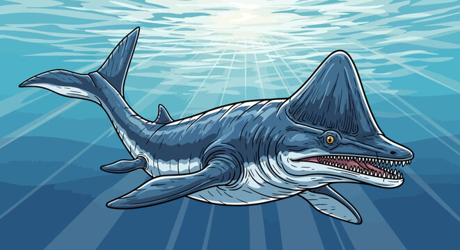 Prehistoric marine reptile swimming underwater, ancient ocean creature illustration