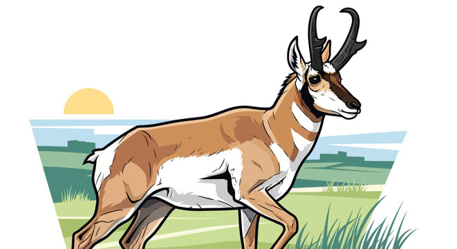 Pronghorn Antelope Walking in a Grassy Field with Sun and Hills