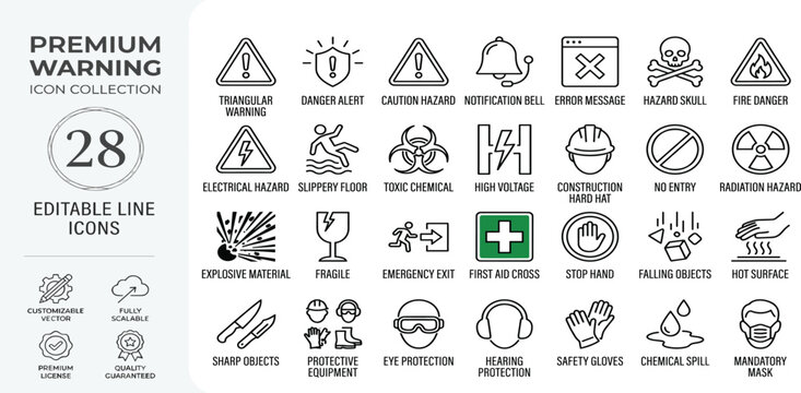 Warning line icon set. safety signs, danger alert, caution symbols and notification. Editable vector. Ideal for safety signage, alerts, error messages, and hazard notifications.
