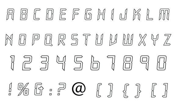 futuristic geometric alphabet font set with modern techno letters numbers and symbols outline style