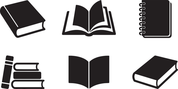 Set of black book vector icons showing reading open pages spiral notebooks and stacked library items