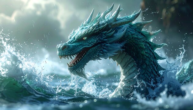 Teal sea dragon rises from ocean, with waves crashing and stormy sky backdrop
