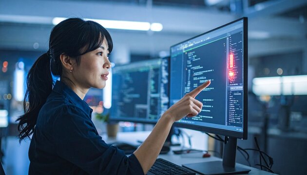 縦型モニターのコードを指差して確認する日本人女性ソフトウェアエンジニア