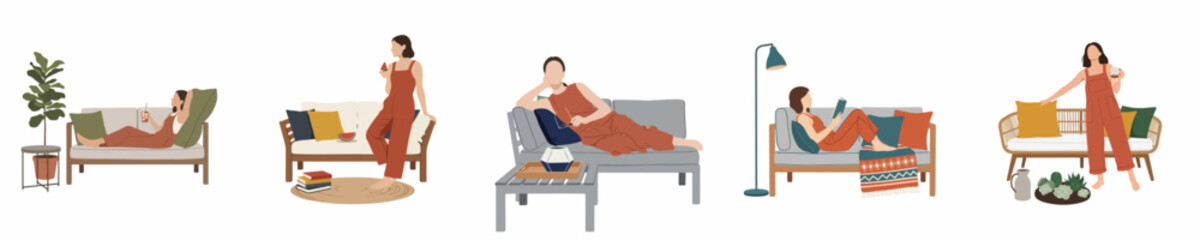 Fototapeta premium Flat design illustration set of a young woman relaxing at home on various sofas, reading, drinking, and lounging in comfortable attire.