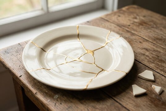 Kintsugi style broken ceramic plate repaired with gold lacquer showing beauty in imperfection