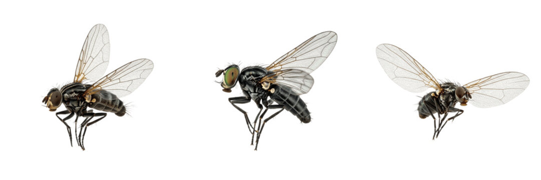 Fly with transparent wings, Musca domestica, clear wing membrane hyaline structure, Muscidae family, diagnostic micro veining cells layout, light refraction profile, entomology morphology card