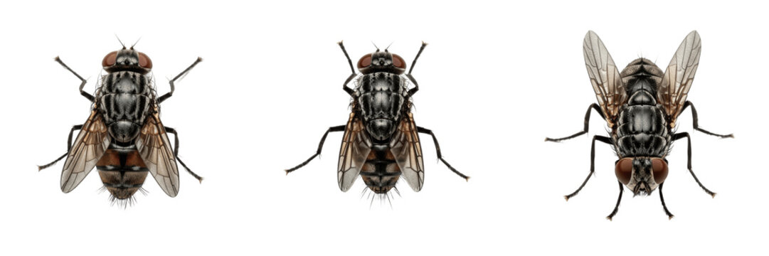 Fly top view, Musca domestica, dorsal perspective symmetry pattern, Muscidae family, thoracic scutellum and abdominal tergites arrangement, wing span alignment, insect taxonomy textbook graphic