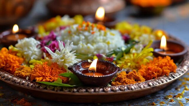 Traditional Bonalu puja offering plate with rice, flowers, and lit diyas for sacred ritual