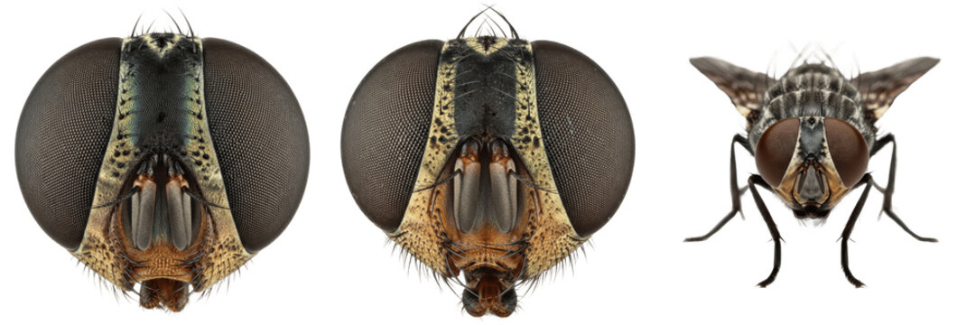 Fly compound eyes detail, Musca domestica, ommatidia grid hexagonal facets, Muscidae family, visual optic field sensory organ magnification, mosaic vision mechanics textbook presentation asset