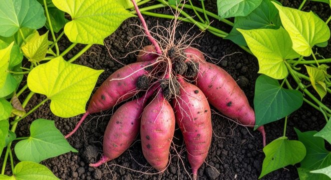 Freshly Harvested Organic Sweet Potatoes with Roots and Leaves in Rich Soil