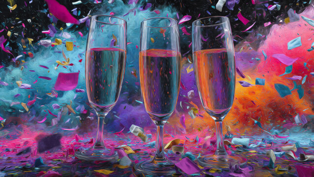 artistic oil painting illustration of three champagne glasses in a vibrant explosion of colorful confetti, representing a festive celebration, new year party, or joyful holiday event.
