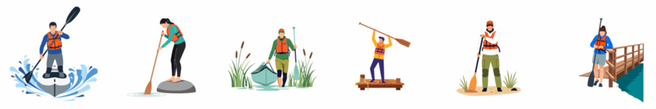 Set of flat vector illustrations of people enjoying outdoor water sports activities including kayaking, canoeing, and paddling while wearing life jackets.