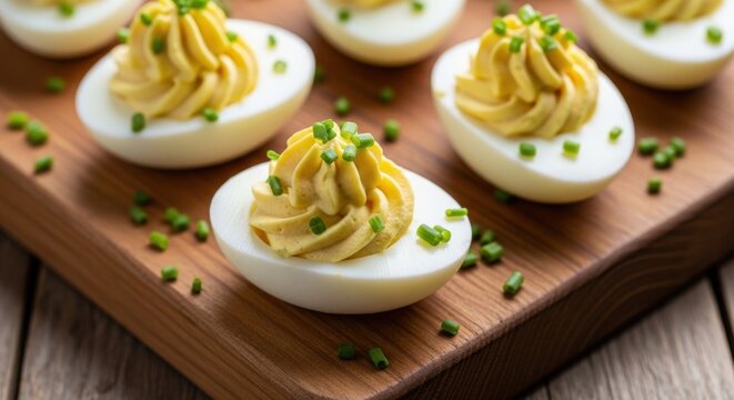 Delectable Deviled Eggs Garnished with Fresh Chives on a Rustic Wooden Board