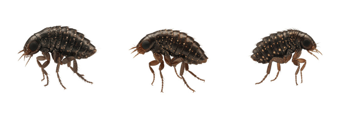 Flea, Siphonaptera order, macro view lateral perspective, Pulicidae family, wingless ectoparasite specimen, saltatorial jumping legs structure, veterinary companion animal parasite taxonomy