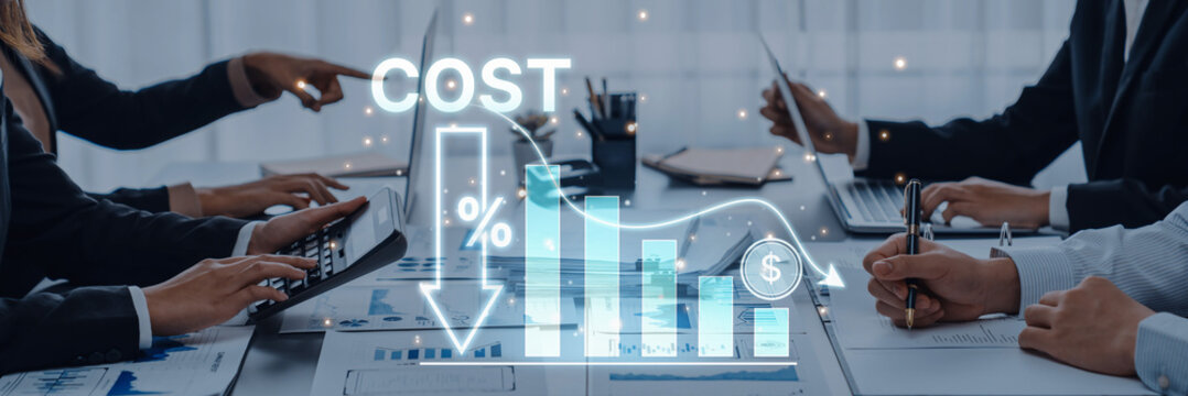 Professionals engage in a business meeting focused on analyzing financial data with a clear emphasis on cost reduction and growth strategies for enhanced success. Trope