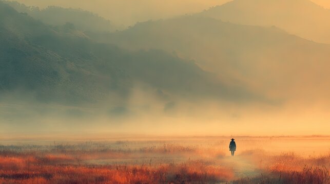 Lone cowboy walking through a foggy desert valley at dawn, cinematic soft ambient light with warm earth tones, hyper-detailed wide shot capturing serene and mysterious mood