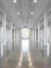 Fototapeta premium Spacious Minimalist Empty White Hall with Polished Floor and Arched Window