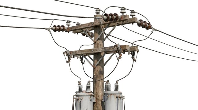 Wooden utility pole with power lines and transformers against a white background