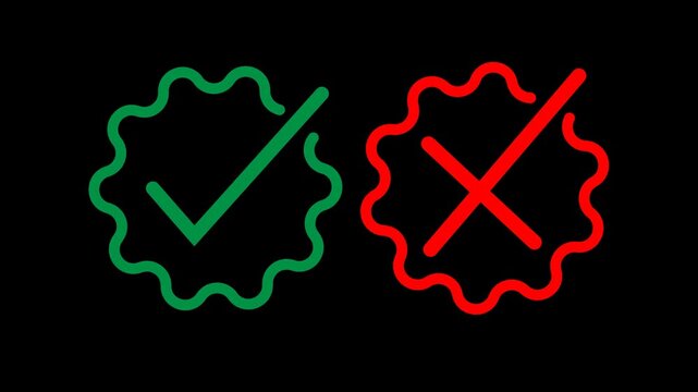 Green checkmark in a wavy circle and red slash with dot tick