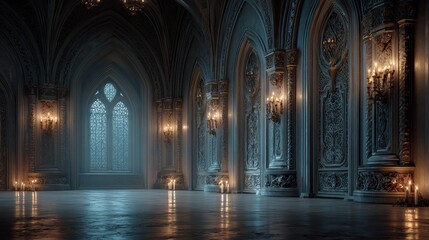 Obraz premium Gothic medieval castle interior with wide stone walls, ornate carved reliefs, soft candlelight and mystical blue moonlight, cinematic dark fantasy atmosphere