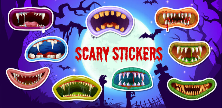 Halloween scary monster grin jaws stickers. Halloween monster ugly jaw, creepy beast maw vector sticker. Scary roaring mouth on cemetery dry trees, gravestones, zombie hand and full moon background